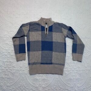 Faze 1 Boys Blue Tan Buffalo Plaid Quarter Zip Sweater Size 7 Mock Neck Knit